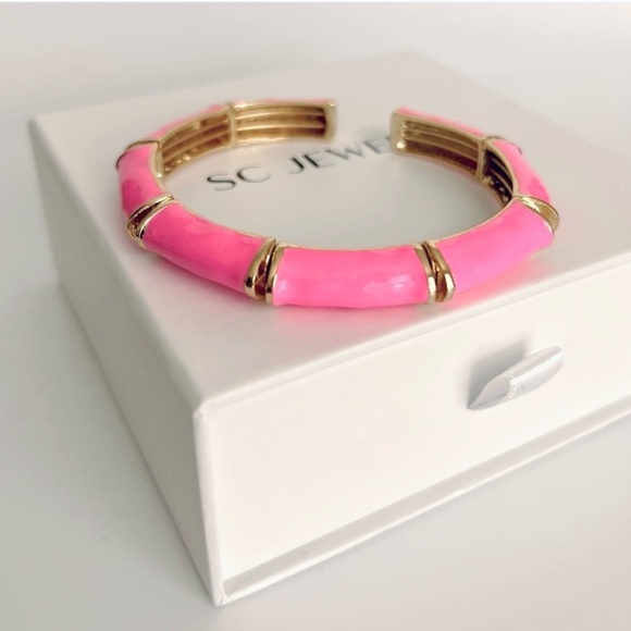 Cuff Pink Bracelet | Handcrafted 22K Gold Tone | Enameled Luxury Jewelry - Picture 3 of 11